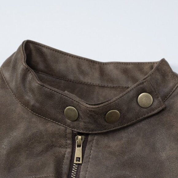 Brown Grunge Biker Jacket Stud Collar - Picture 5 of 9